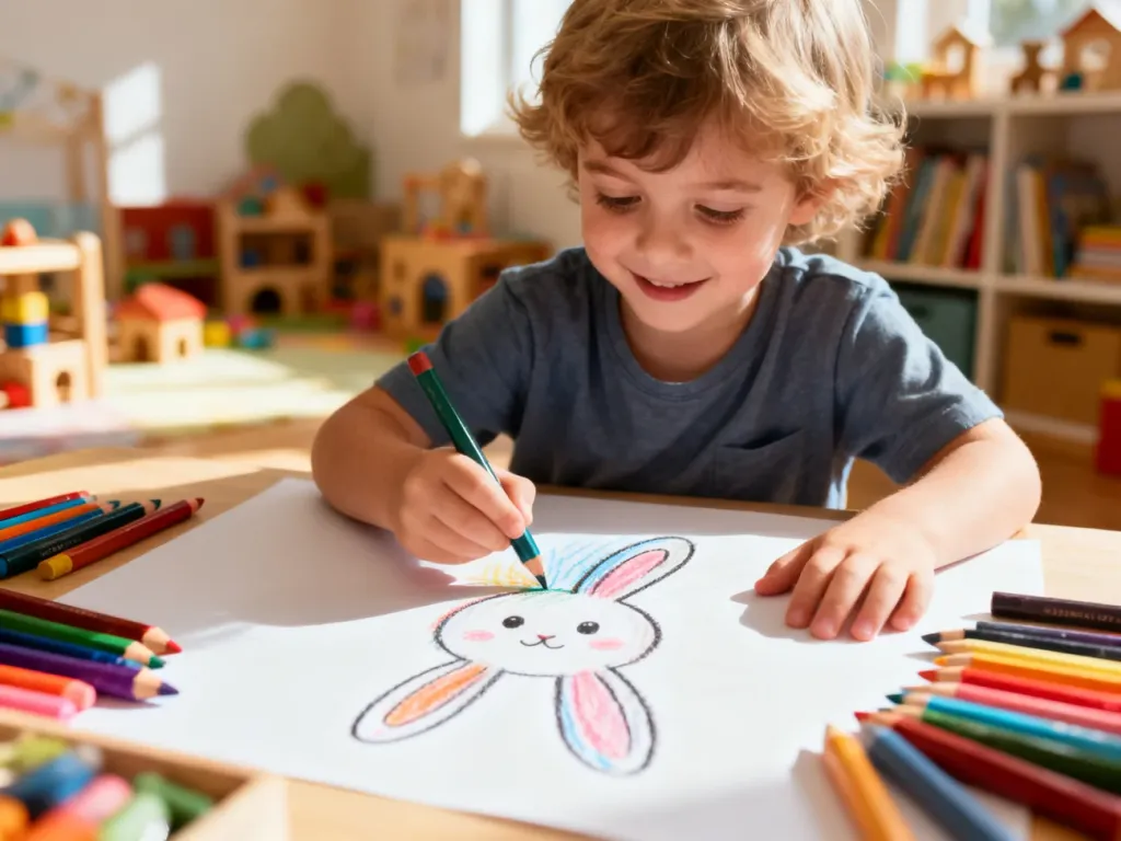 Dziecko z radością rysuje kolorowymi kredkami królika na dużej kartce papieru w przytulnym pokoju zabaw.