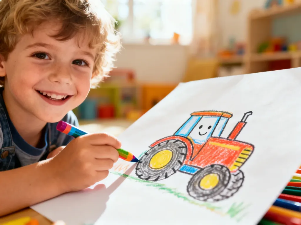 Dziecko z uśmiechem rysuje kolorowym kredkami prosty traktor na białej kartce papieru w jasnym pokoju.